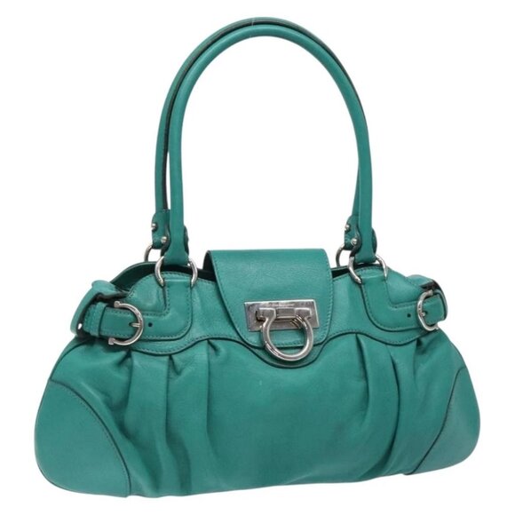 Salvatore Ferragamo Gancini Bag Leather Silver Emerald Green Auth BA5445 - Picture 1 of 14
